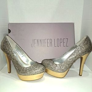 Like new,never worn Jennifer Lopez-Marilyn shiny gold and silver high heels